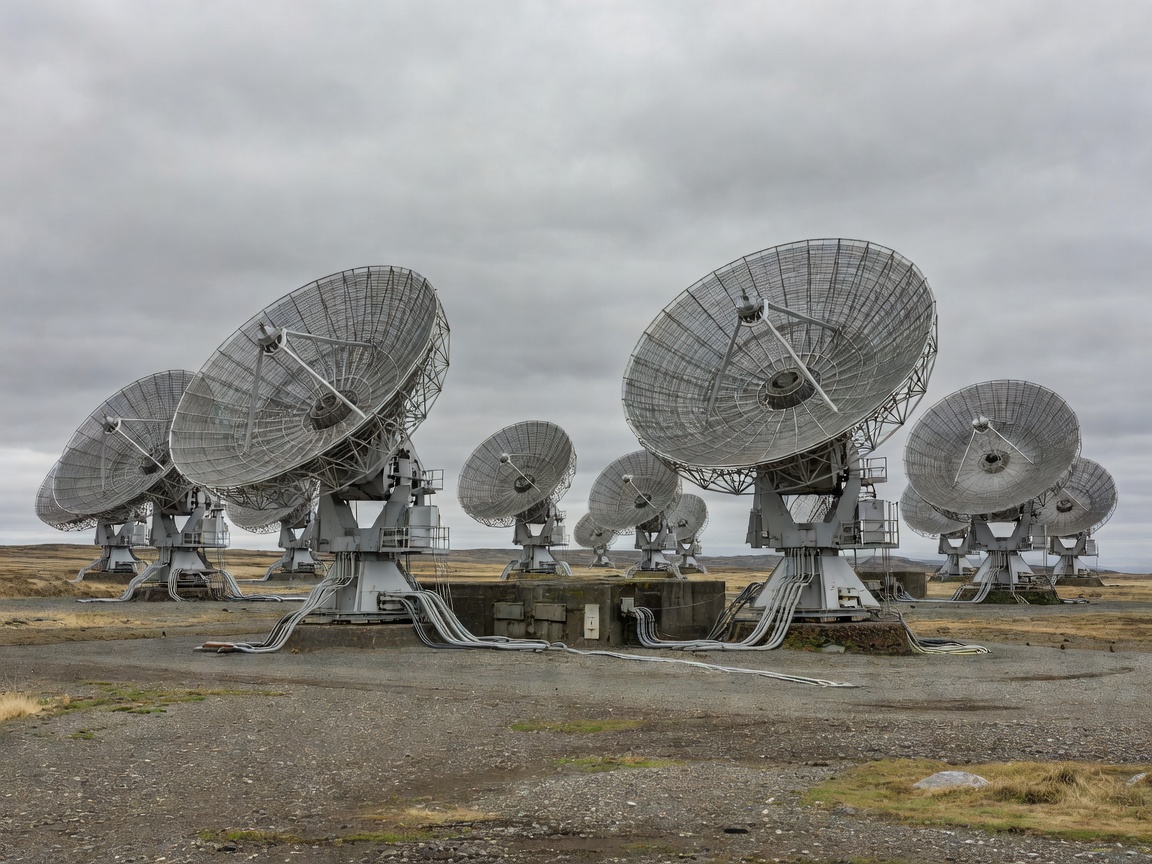 Signals intelligence parabolic antenna array listening to radio frequencies